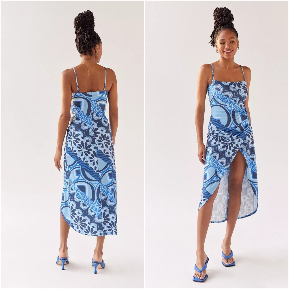 Urban Outfitters UO Solana Spliced Stripe Printed Split-Hem High Low Midi Dress